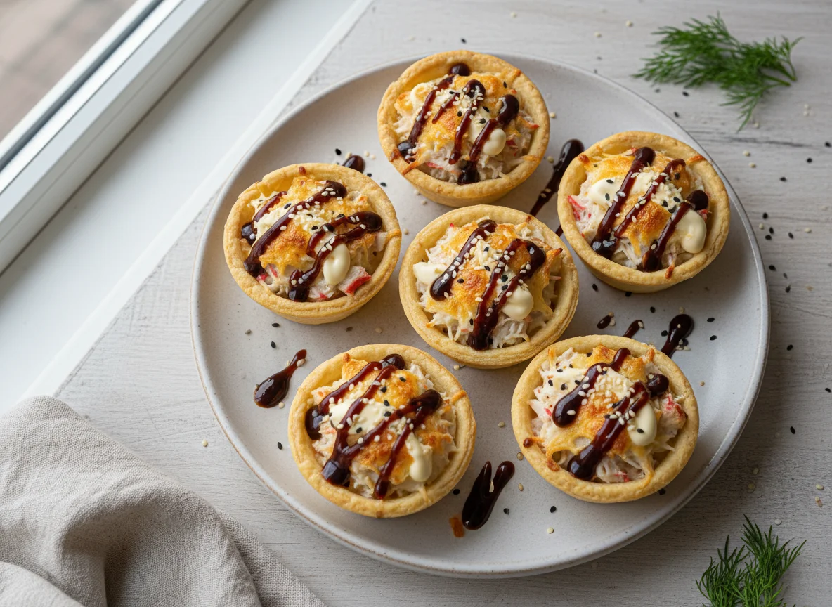 Запеченные тарталетки с крабовым мясом и соусом унаги photo
