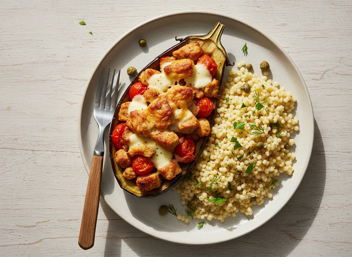 Запеченный баклажан с индейкой и кускусом photo