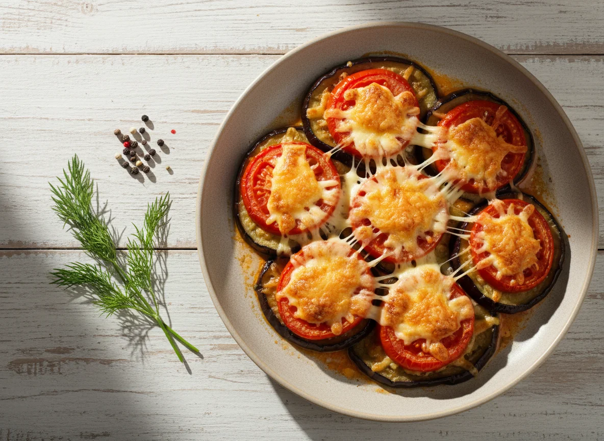 Запеченный баклажан с помидорами и сыром photo