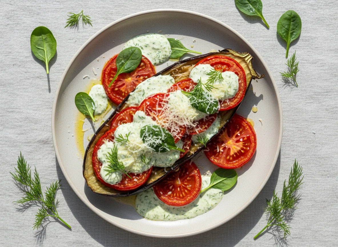 Запеченный баклажан с томатами, зеленью и соусом photo