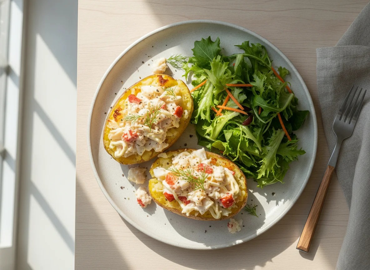 Запеченный картофель с крабом и салатом photo