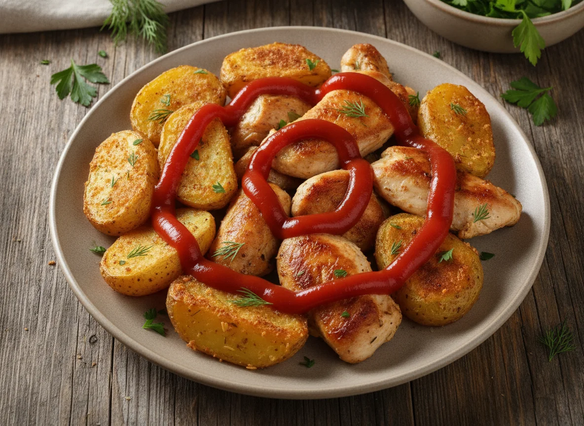 Запеченный картофель с курицей и кетчупом photo