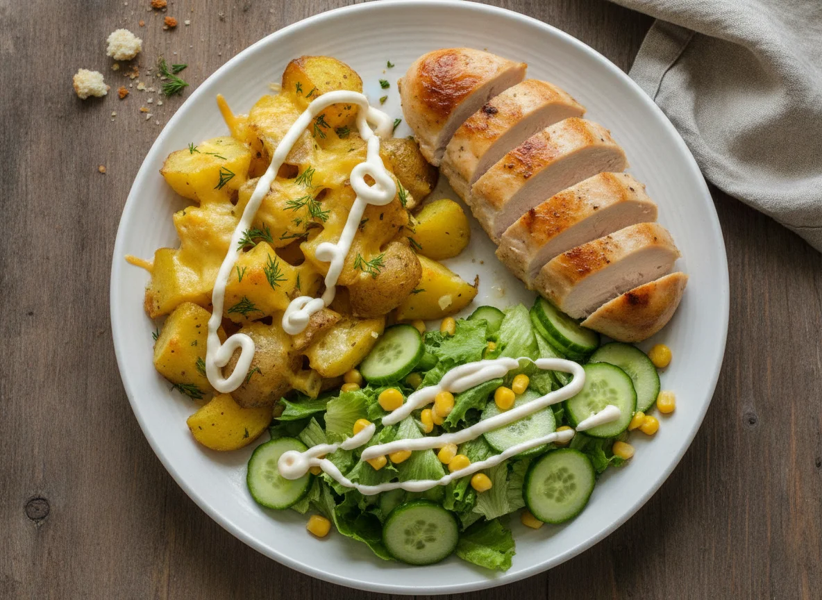 Запеченный картофель с курицей и овощной салат photo