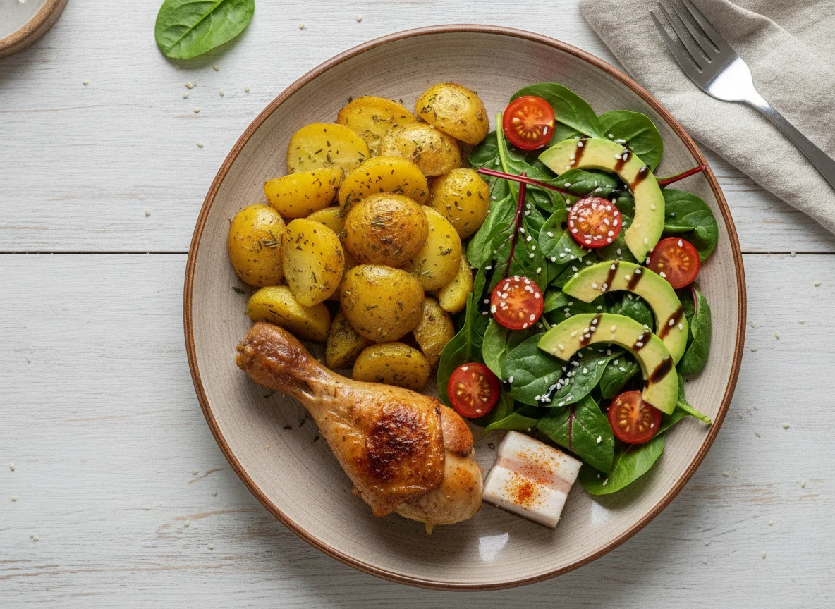 Запеченный картофель с курицей и овощным салатом photo