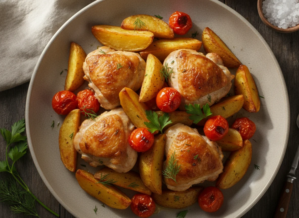 Запеченный картофель с курицей и помидорами photo