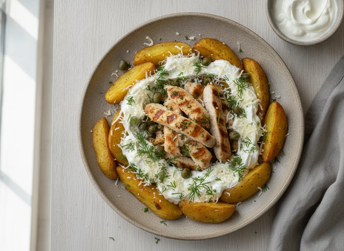 Запеченный картофель с курицей и соусом photo
