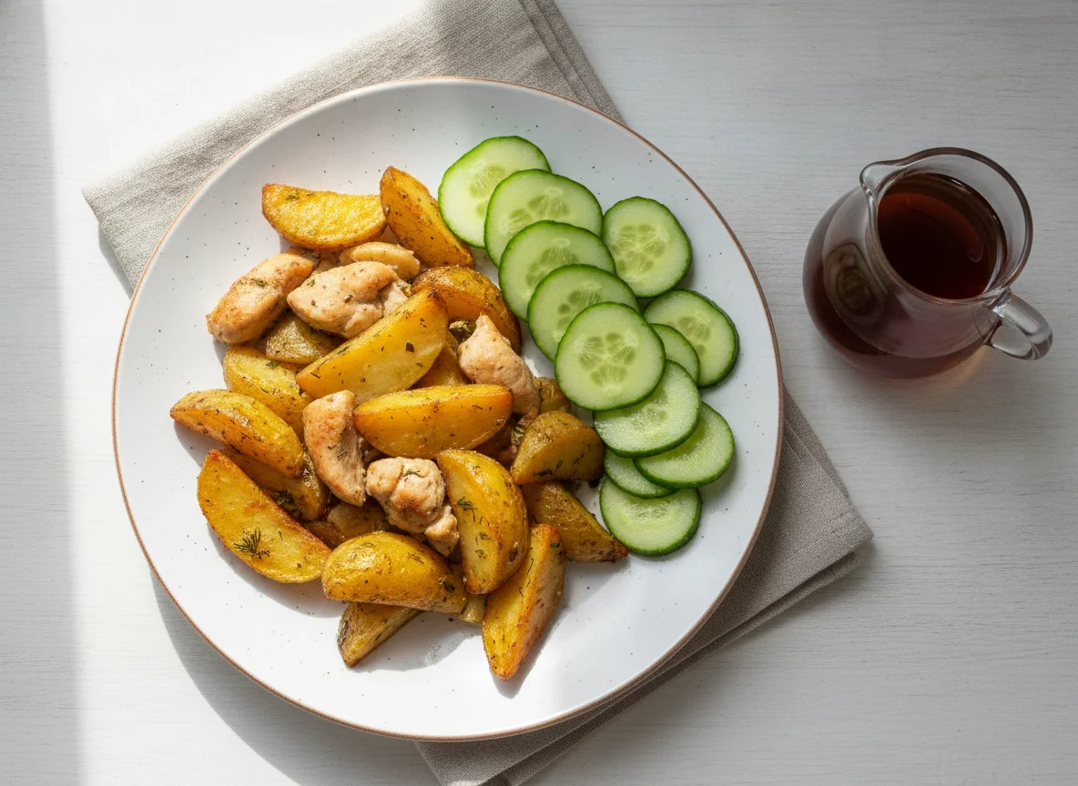 Запеченный картофель с курицей и свежими огурцами photo