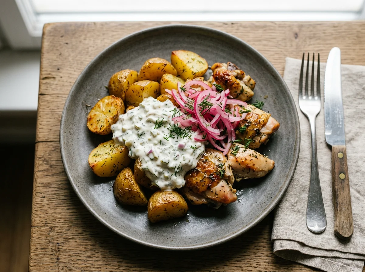 Запеченный картофель с курицей, маринованным луком и соусом photo