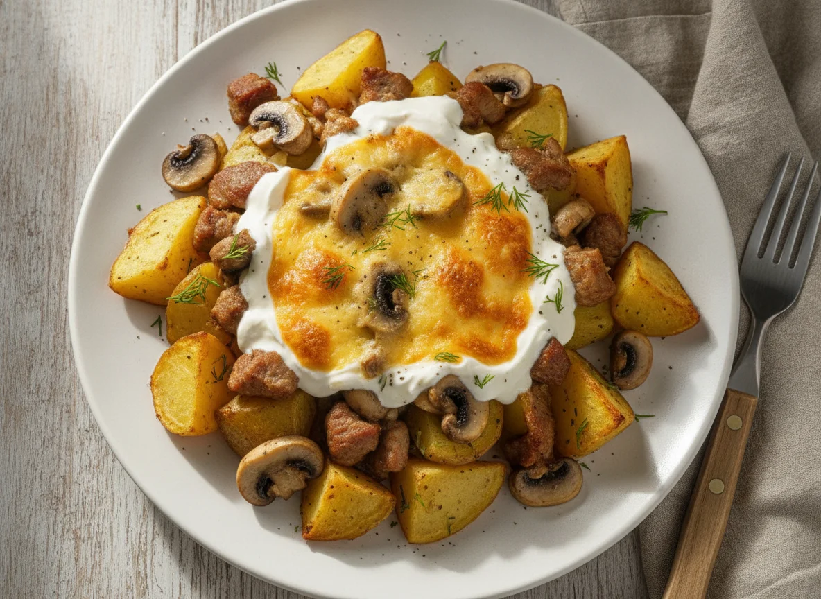Запеченный картофель с мясом и грибами photo