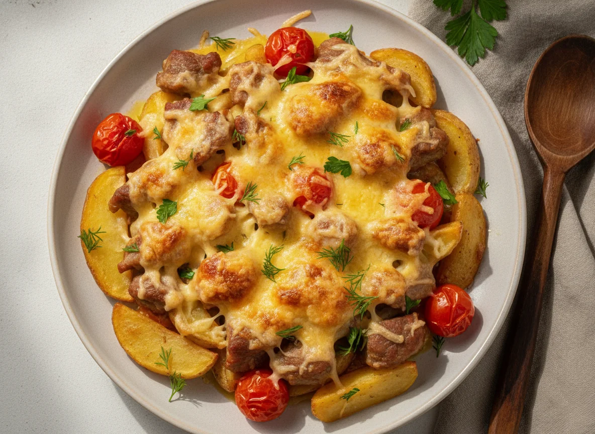 Запеченный картофель с мясом и овощами photo