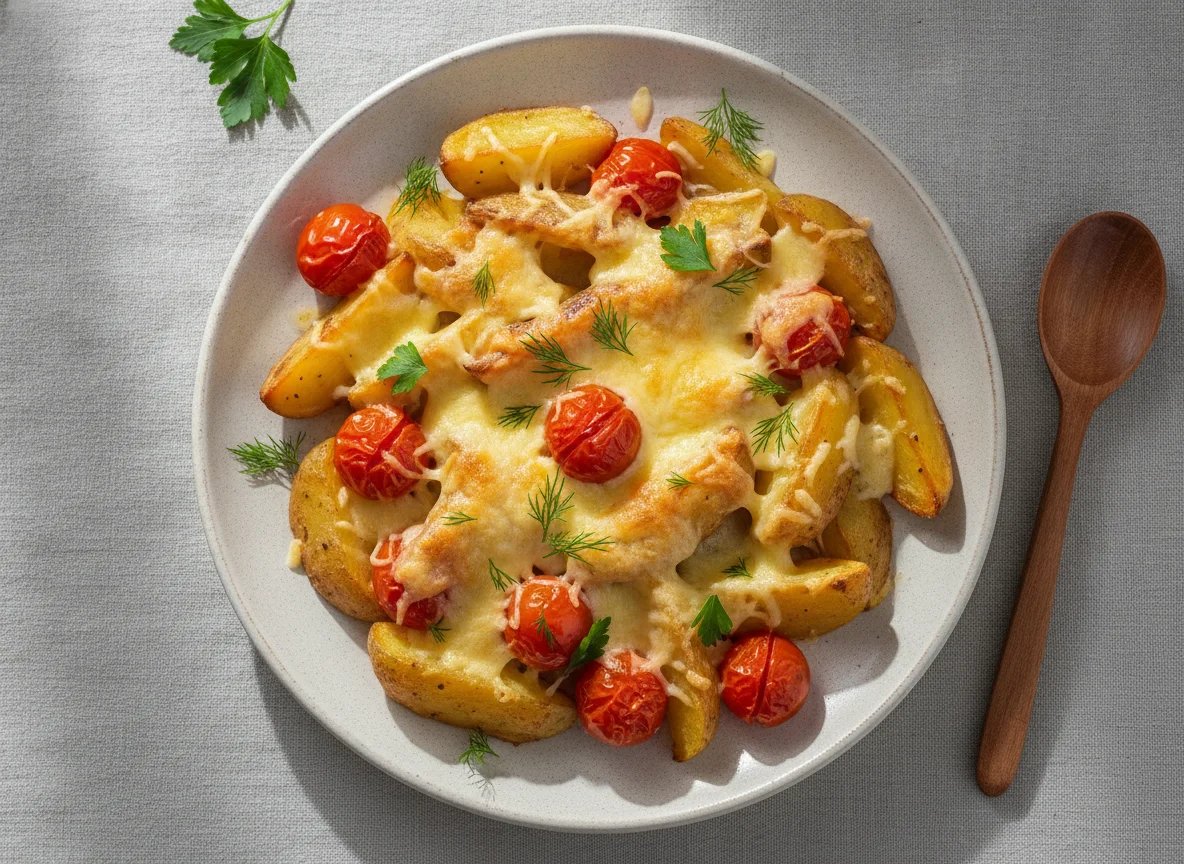 Запеченный картофель с помидорами и сыром photo