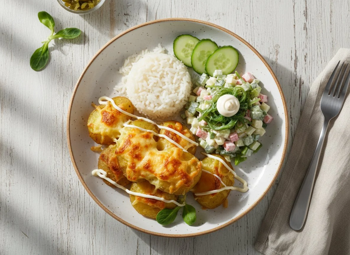 Запеченный картофель с рисом и салатом photo