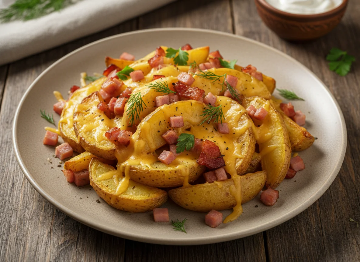 Запеченный картофель с сыром и мясом photo