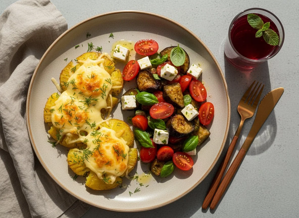 Запеченный картофель с сыром и овощной салат photo