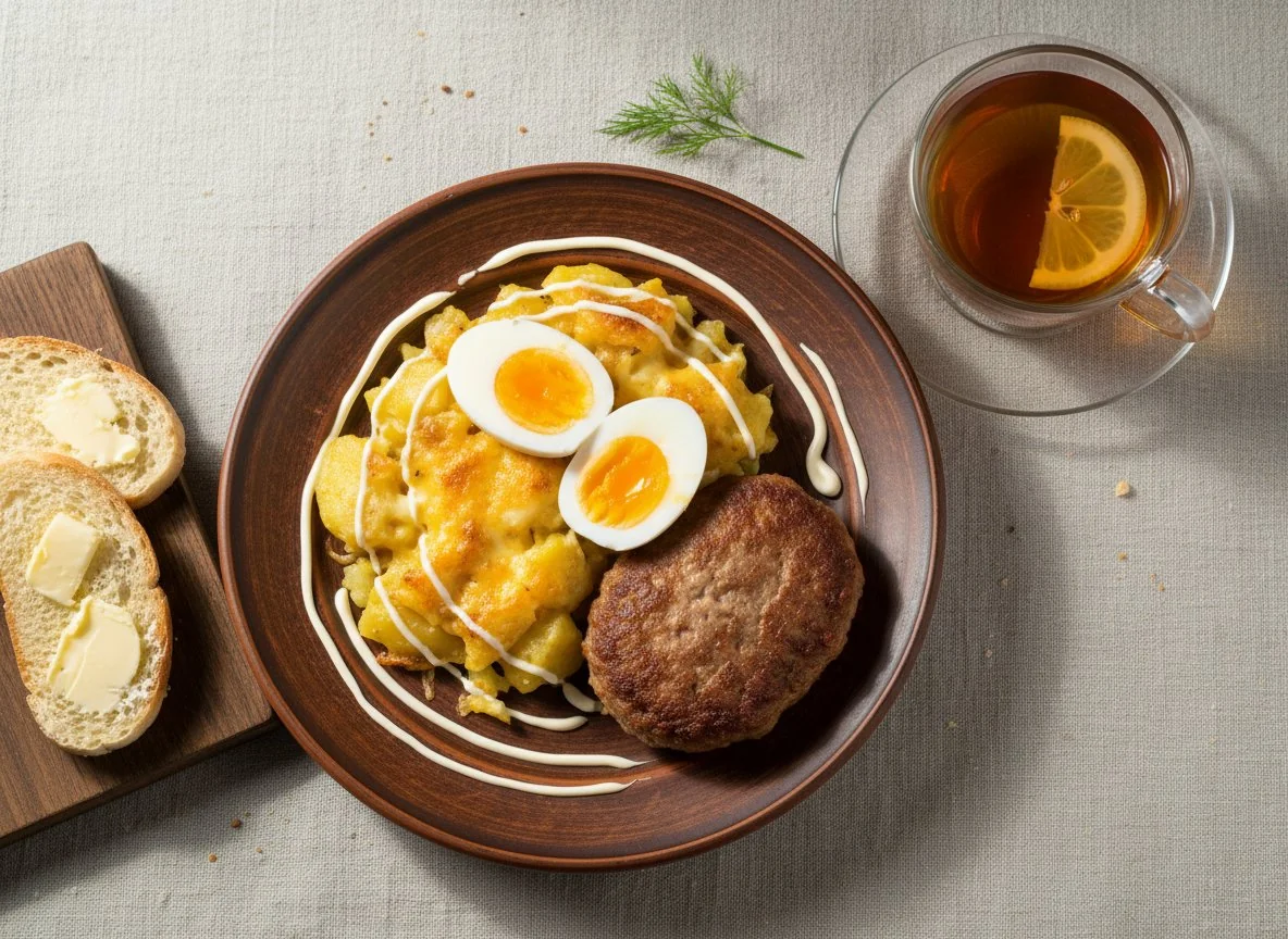 Запеченный картофель с сыром, котлетой и яйцом photo