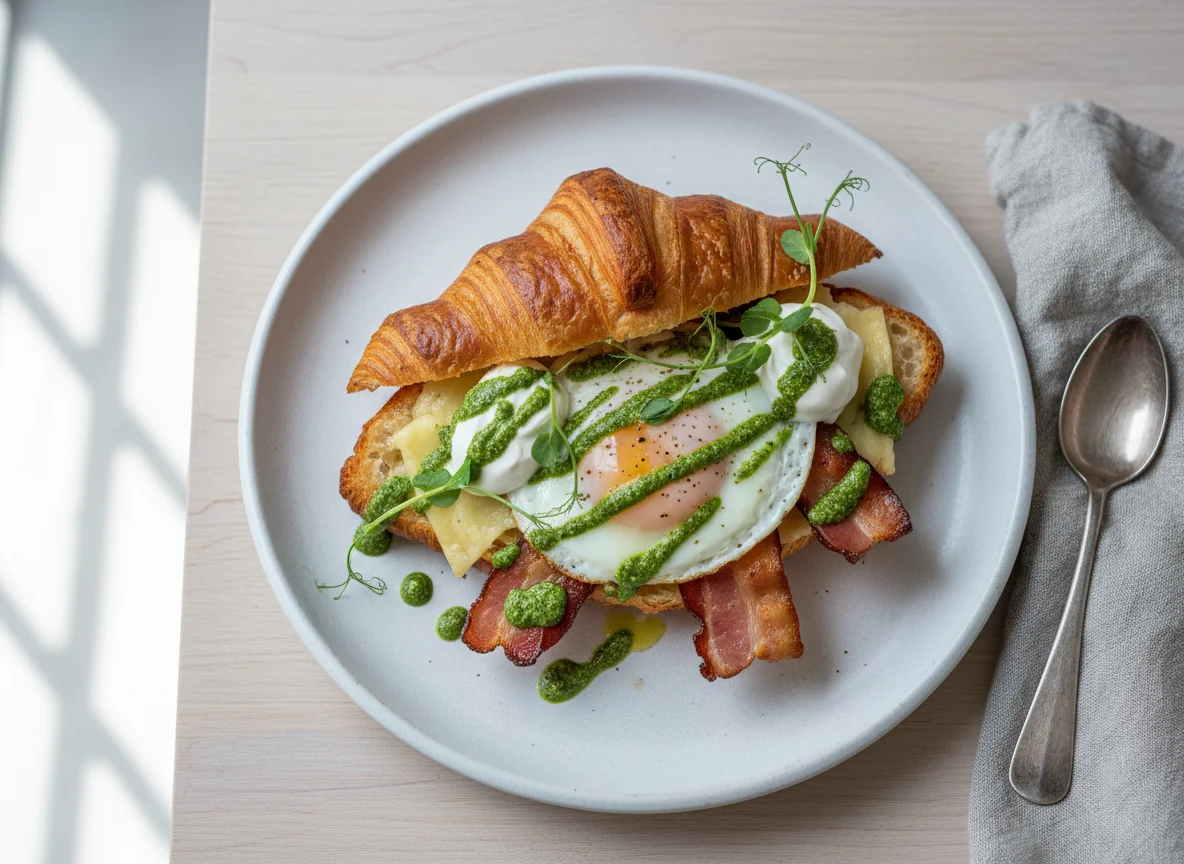 Запеченный круассан с яйцом и соусом photo