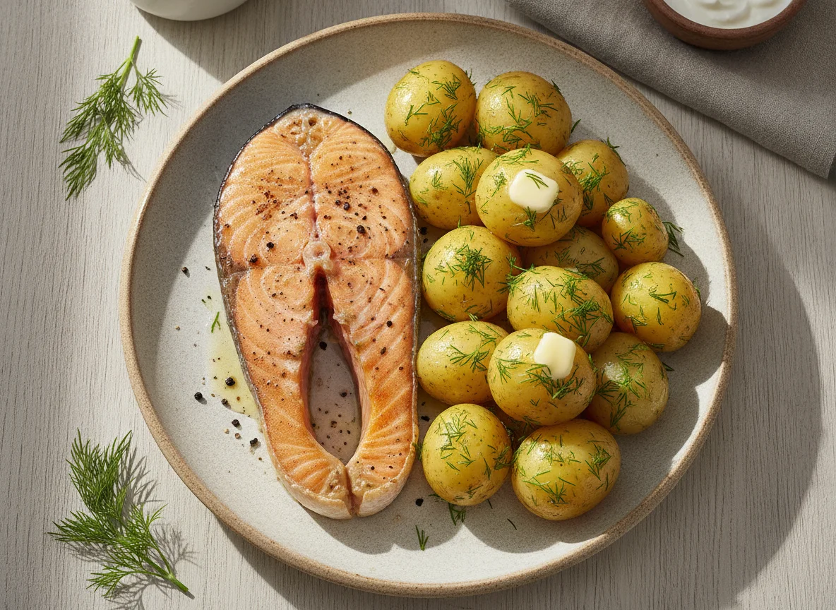 Запеченный лосось с отварным картофелем и укропом photo