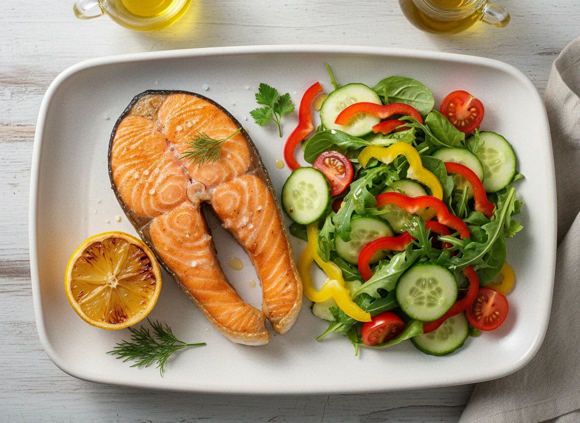 Запеченный лосось с овощным салатом photo
