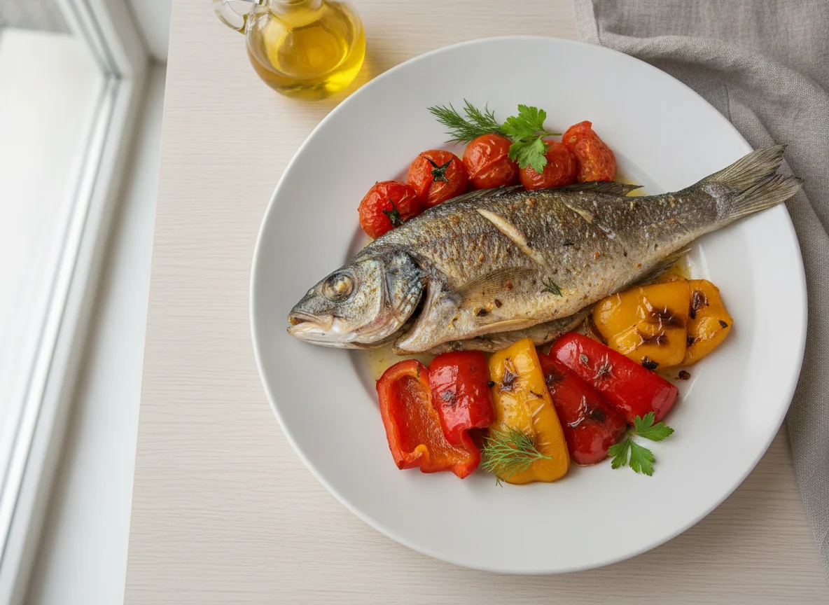 Запеченный морской окунь с овощами photo