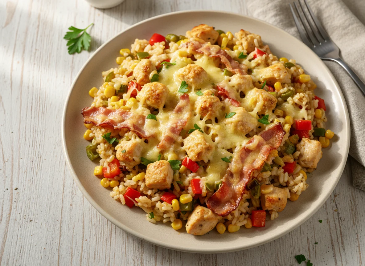 Запеченный рис с курицей, беконом и овощами photo