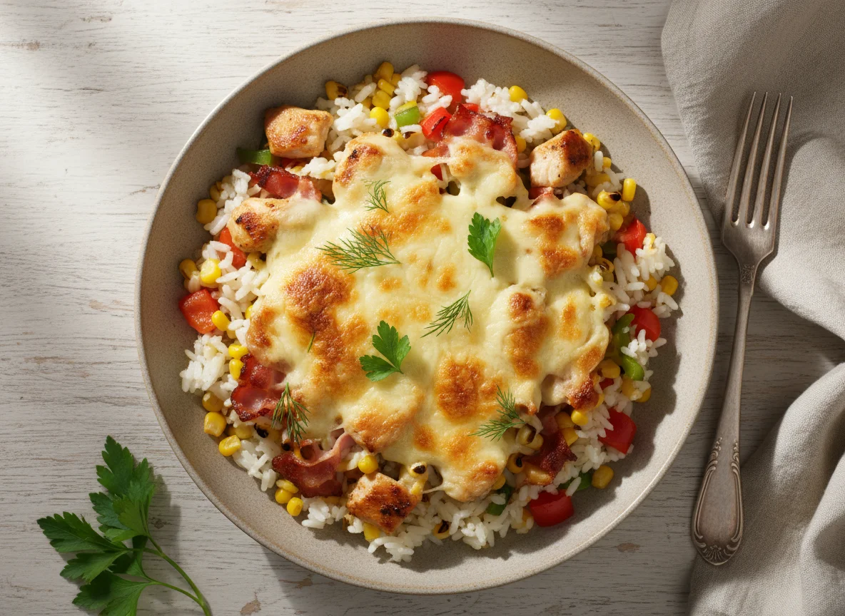 Запеченный рис с курицей, беконом и овощами под сыром photo