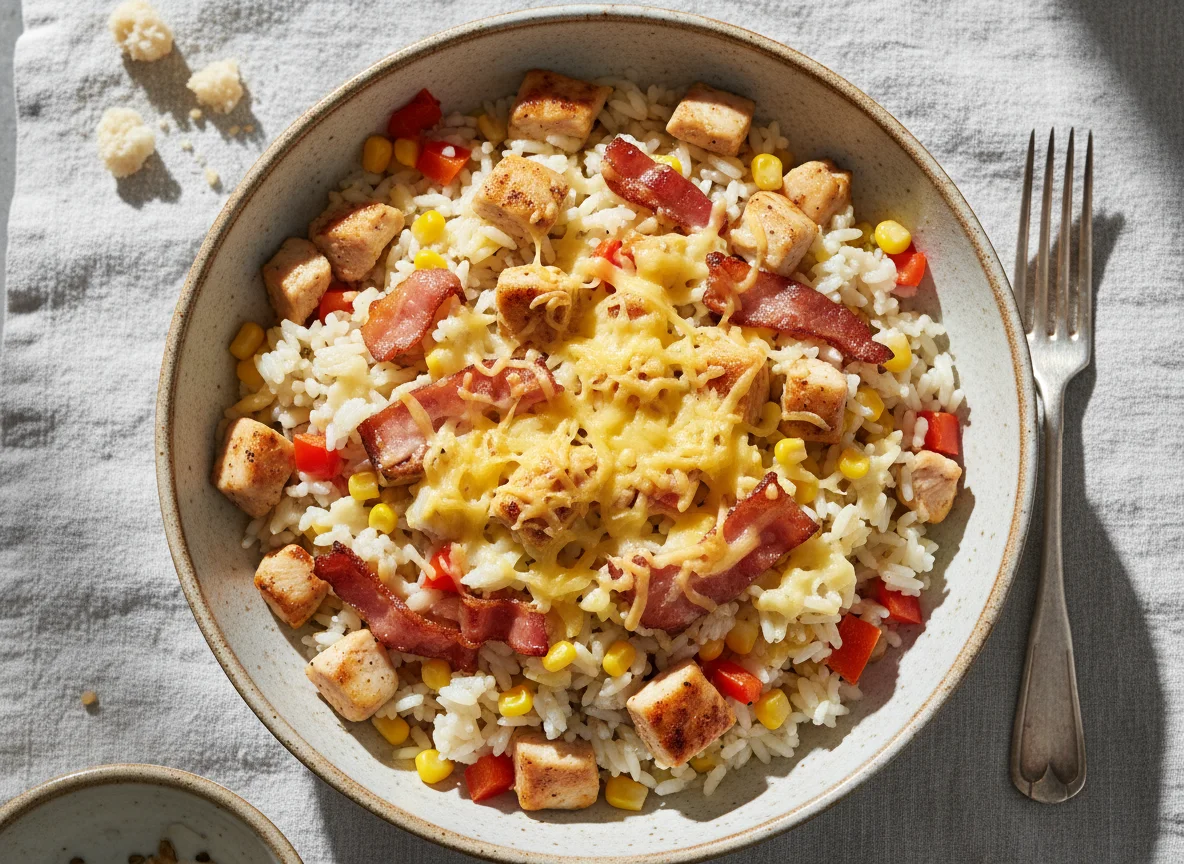 Запеченный рис с курицей, беконом и сыром photo