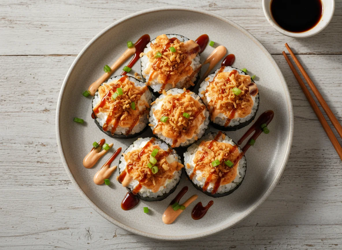 Запеченный ролл с соусами и хрустящим луком photo