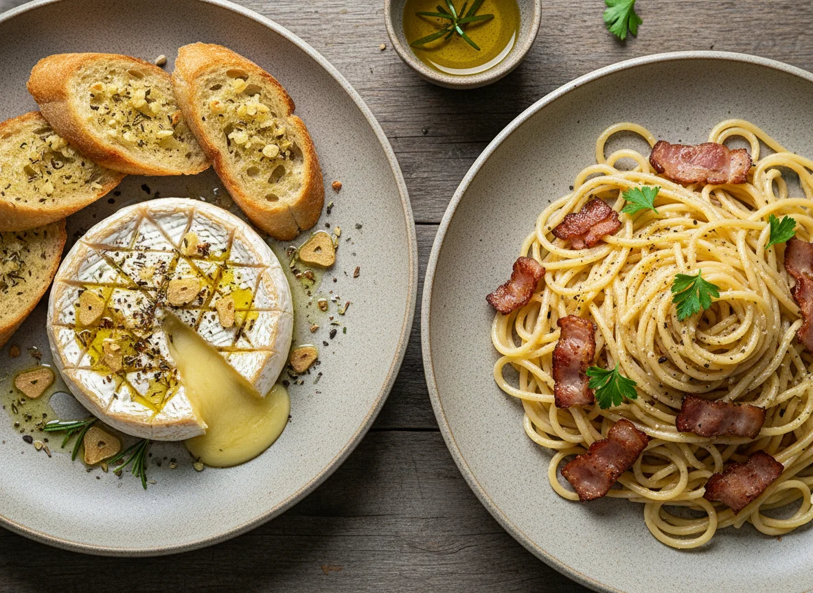 Запеченный сыр с багетом и паста с беконом photo