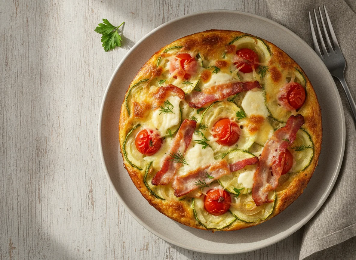 Запеканка из кабачков с беконом, помидорами и сыром photo