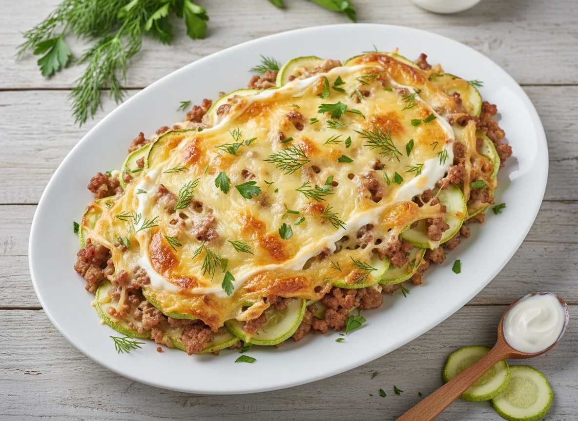 Запеканка из кабачков с фаршем и сыром photo