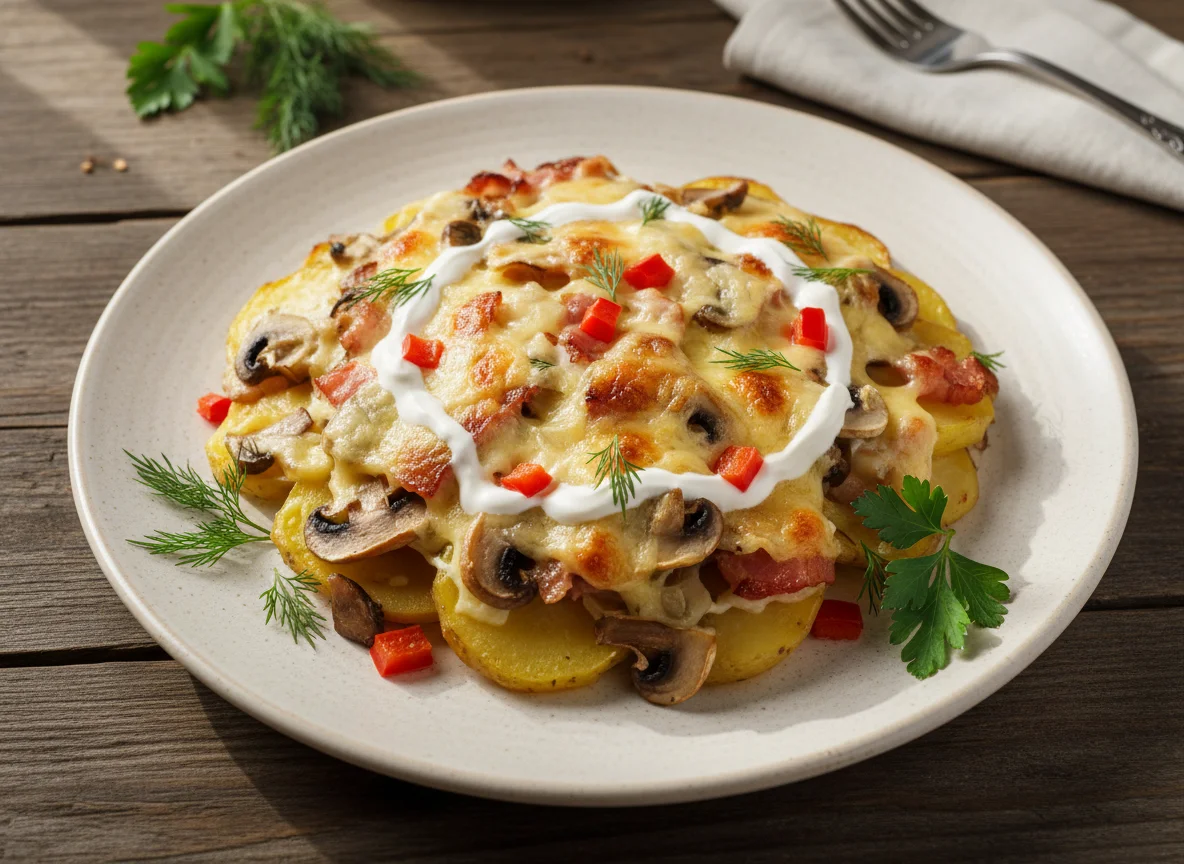 Запеканка из картофеля с грибами, беконом и сыром photo