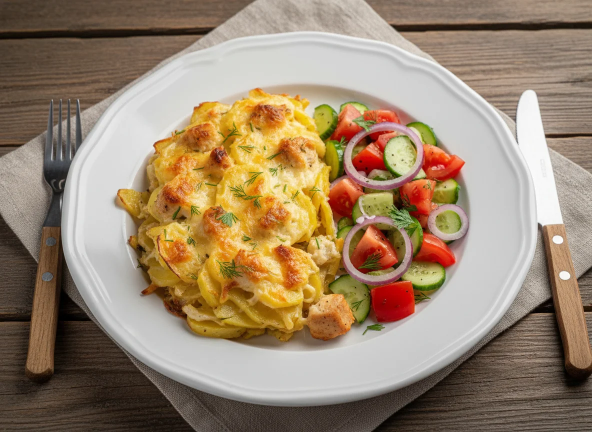 Запеканка из картофеля с курицей и овощной салат photo