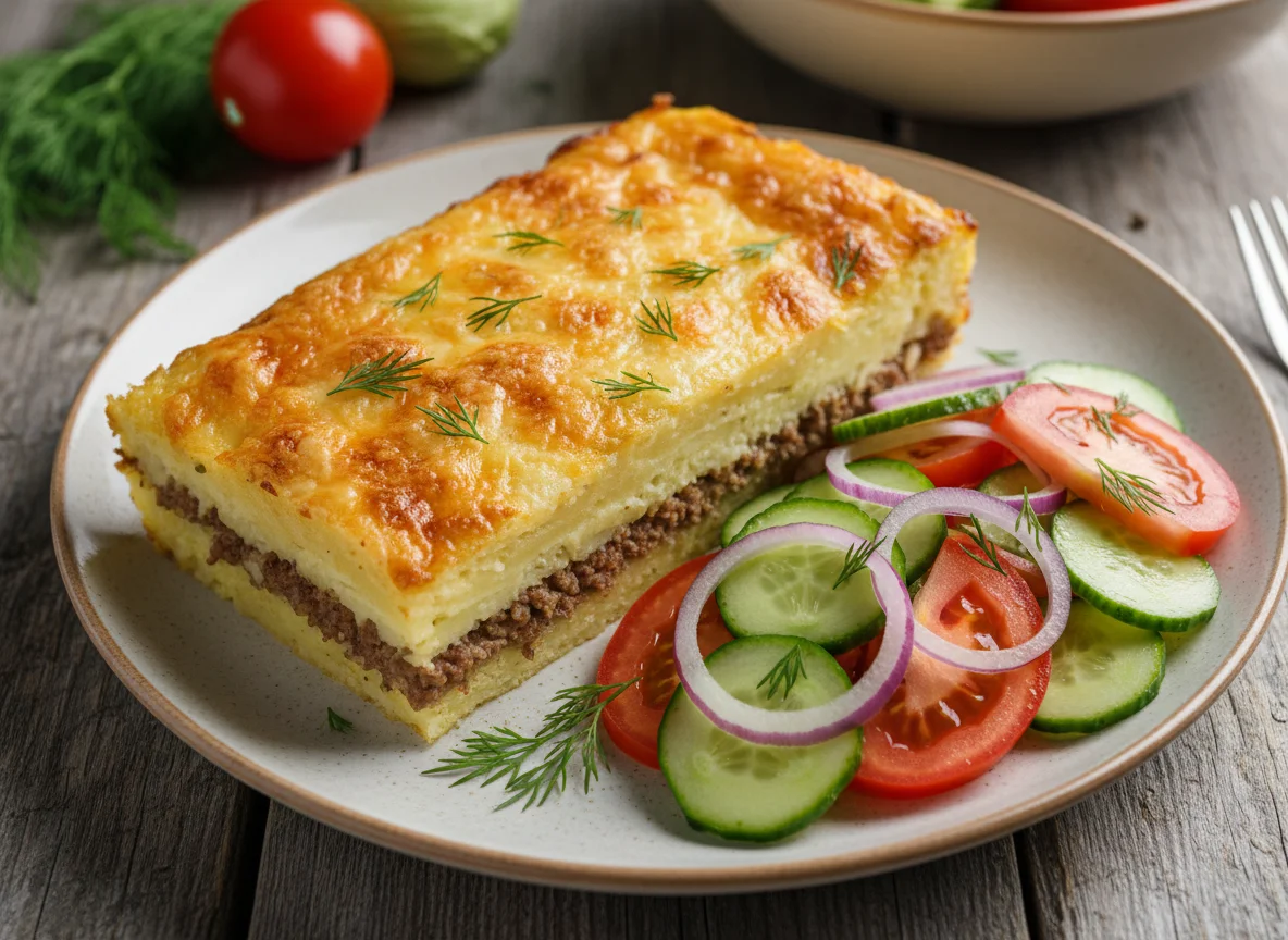 Запеканка из картофеля с мясом и овощной салат photo