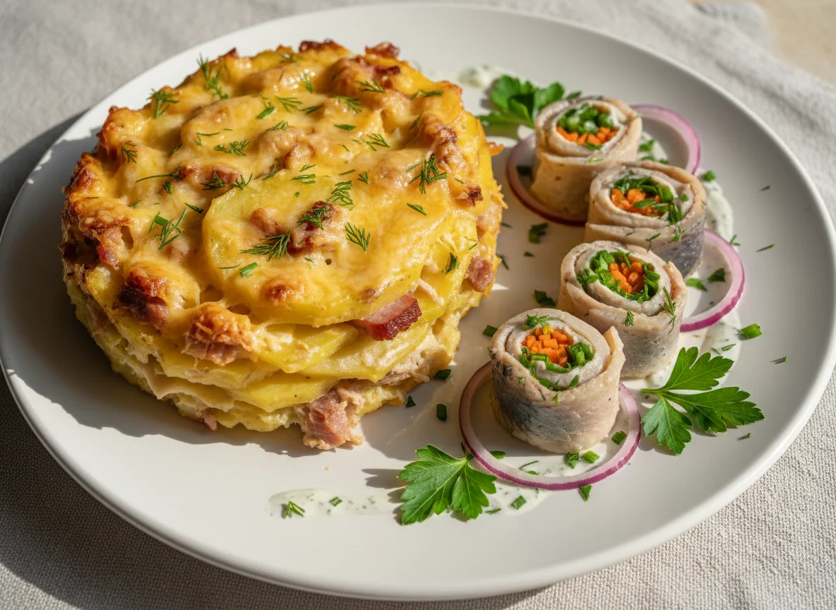 Запеканка из картофеля с мясом и рулетик из рыбы photo