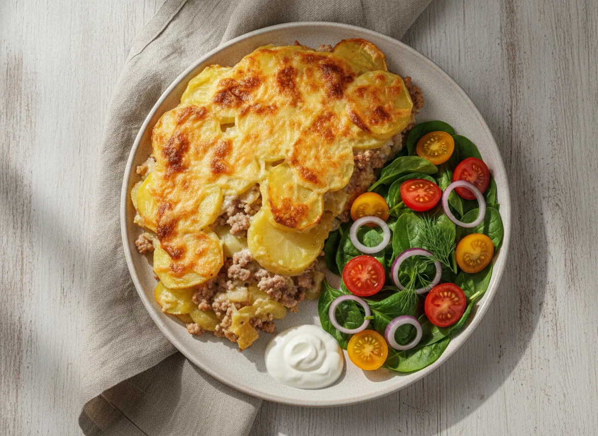 Запеканка из картофеля с мясом и салат photo