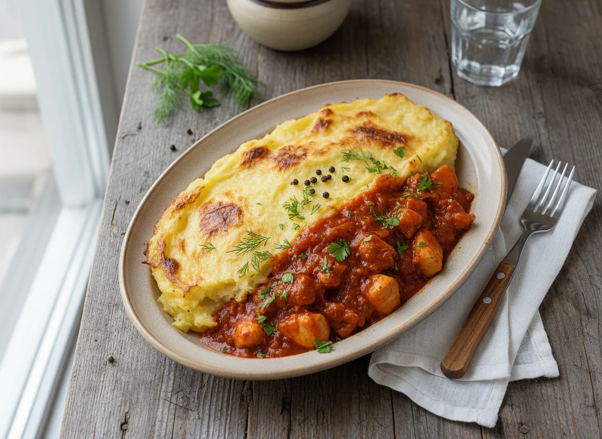 Запеканка из картофеля с мясом и соусом photo