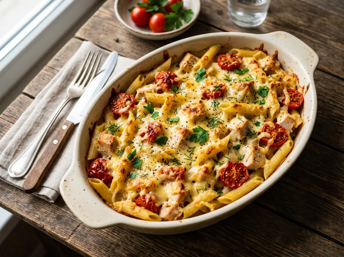 Запеканка из макарон с курицей, сыром и помидорами photo