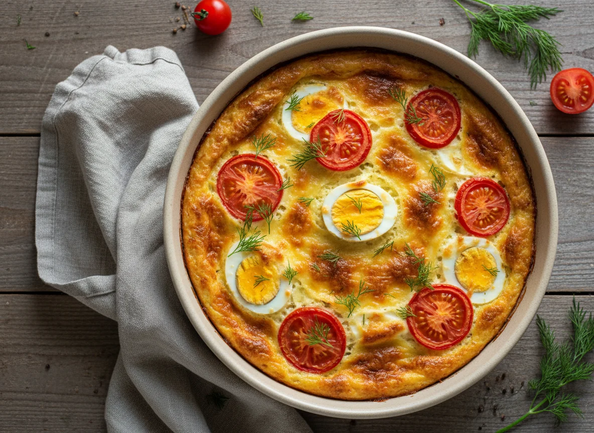 Запеканка с яйцом, укропом и помидорами photo
