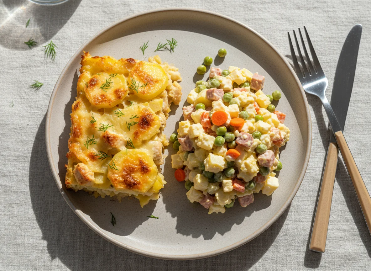 Запеканка с картофелем и салат Оливье photo