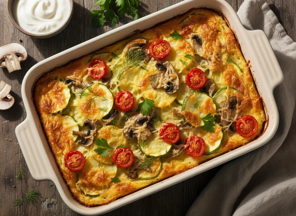 Запеканка с картофелем, кабачком, грибами и сыром photo