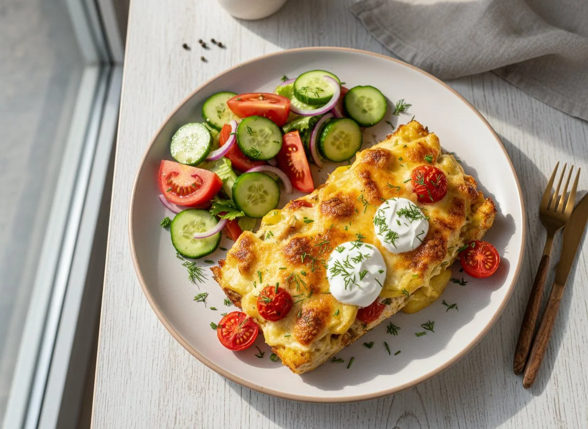 Запеканка с картофелем, курицей и помидорами черри с овощным салатом photo