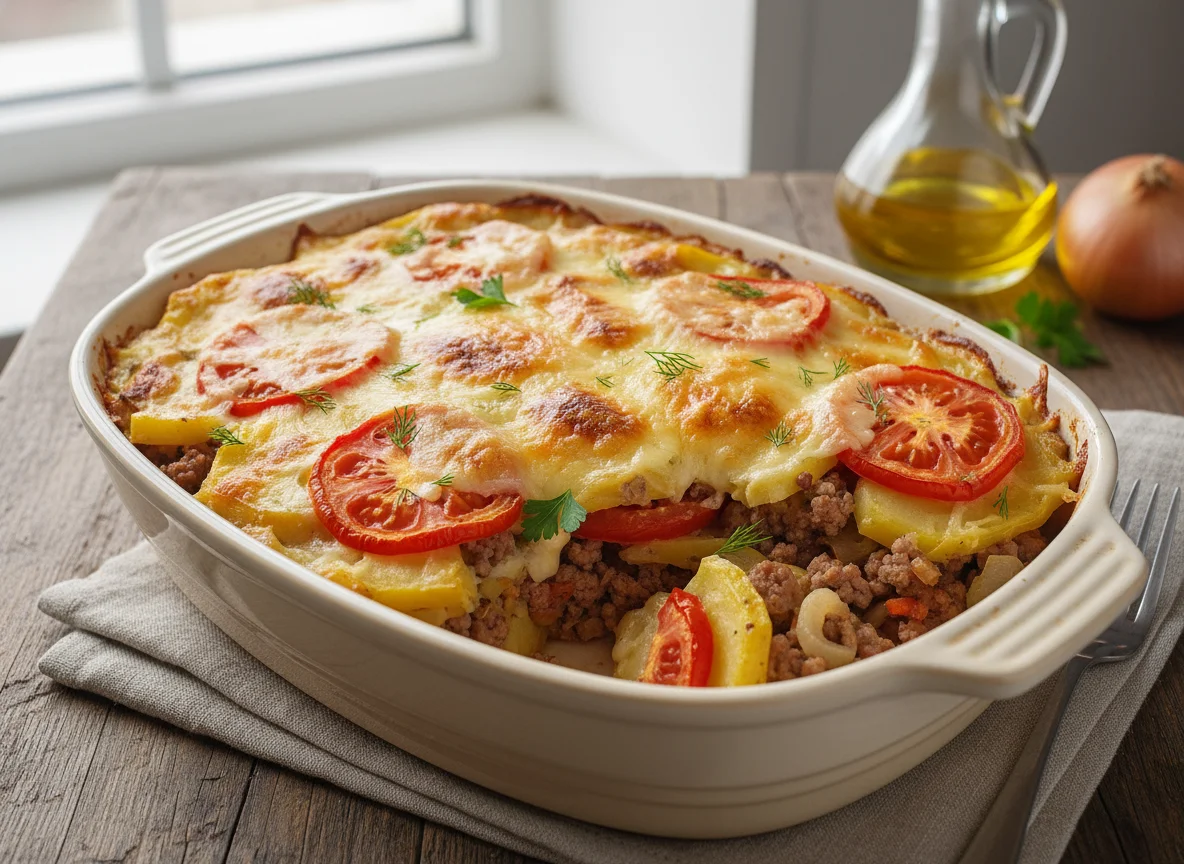 Запеканка с картофелем, мясом, помидорами и сыром photo