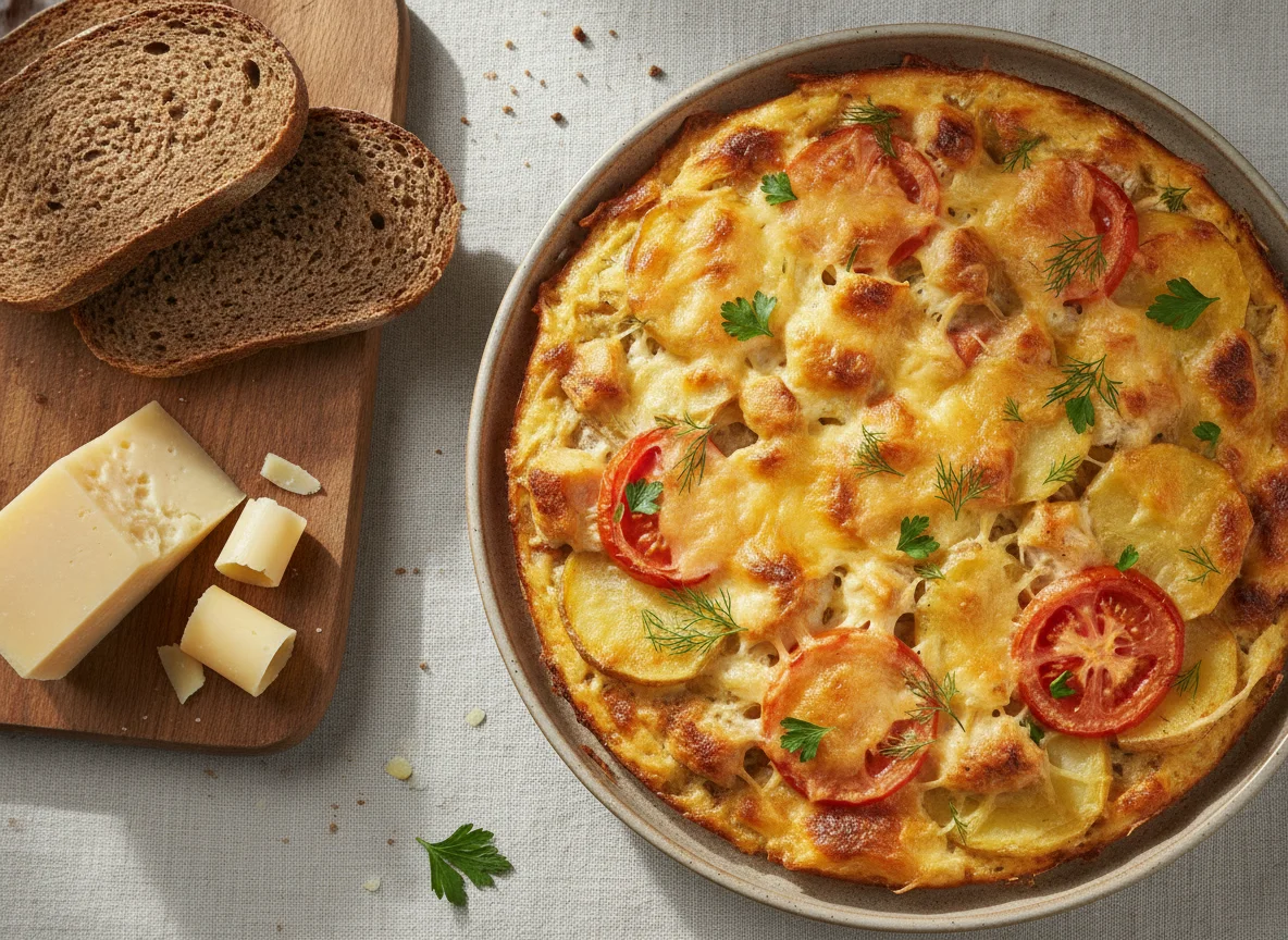 Запеканка с курицей и овощами, хлеб и сыр photo