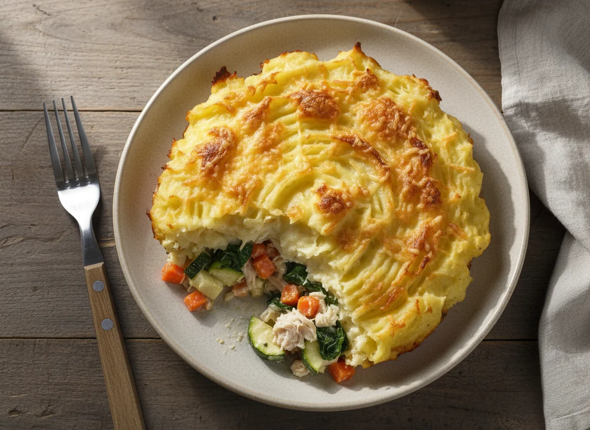 Запеканка с курицей и овощами под картофельным пюре photo