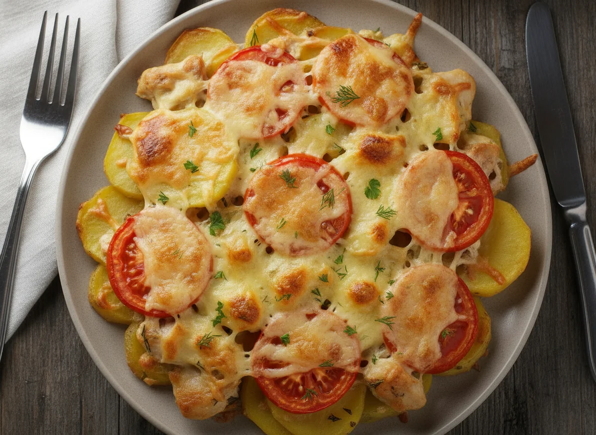 Запеканка с курицей и овощами под сыром photo