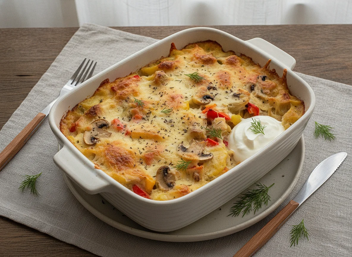 Запеканка с курицей, картофелем и грибами photo