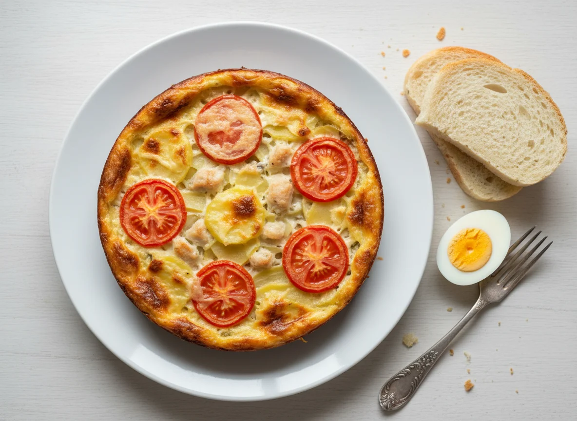 Запеканка с курицей, картофелем и помидорами, яйцо и хлеб photo