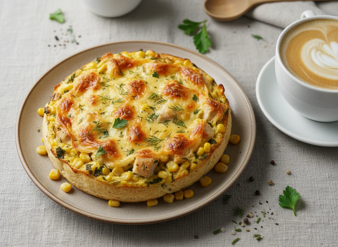 Запеканка с курицей, кукурузой и травами с кофе с молоком photo