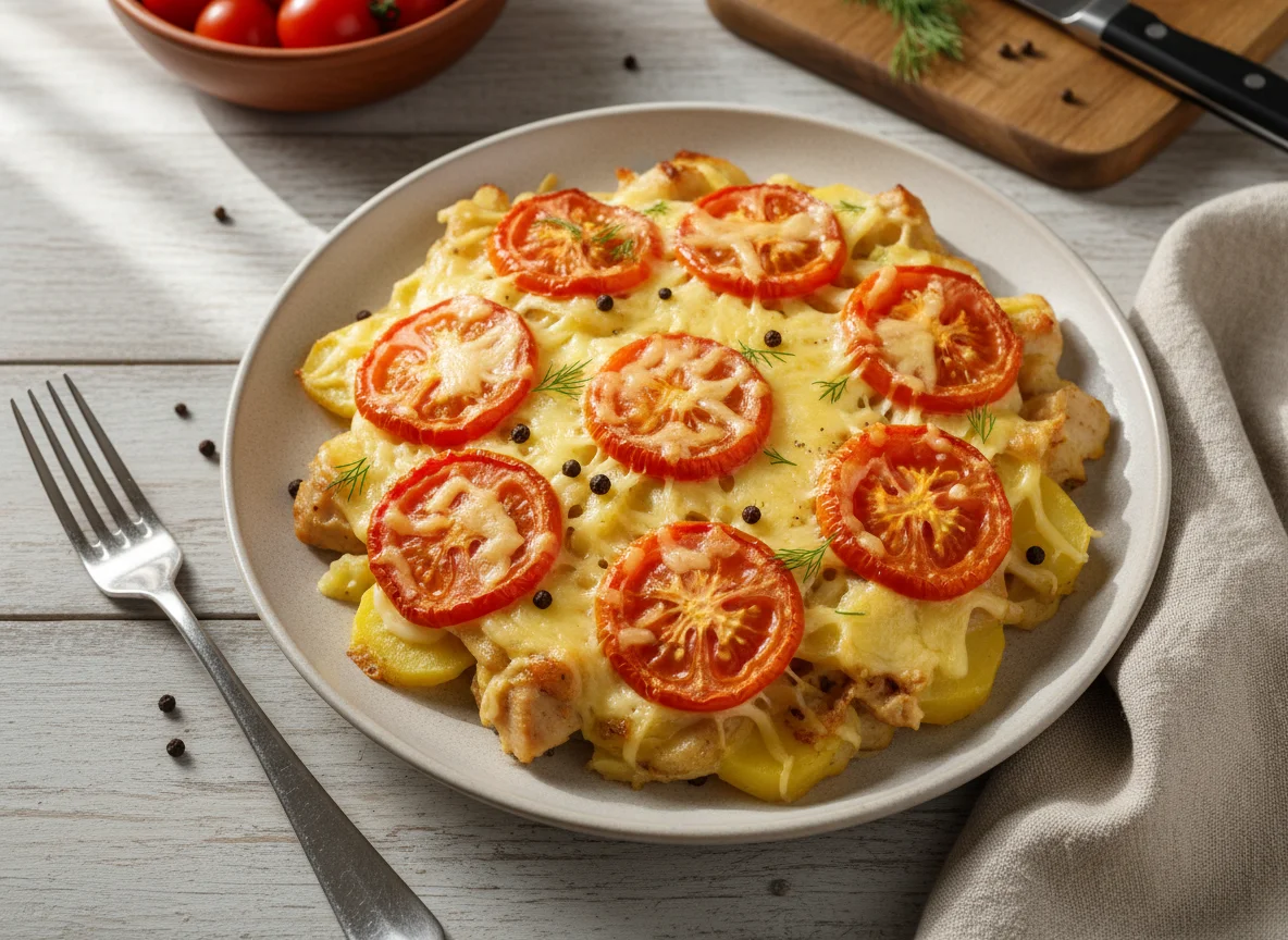 Запеканка с курицей, сыром и помидорами photo