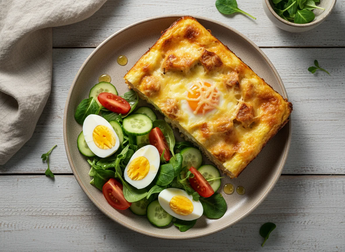 Запеканка с куриным филе, сыром и яйцом с овощным салатом photo